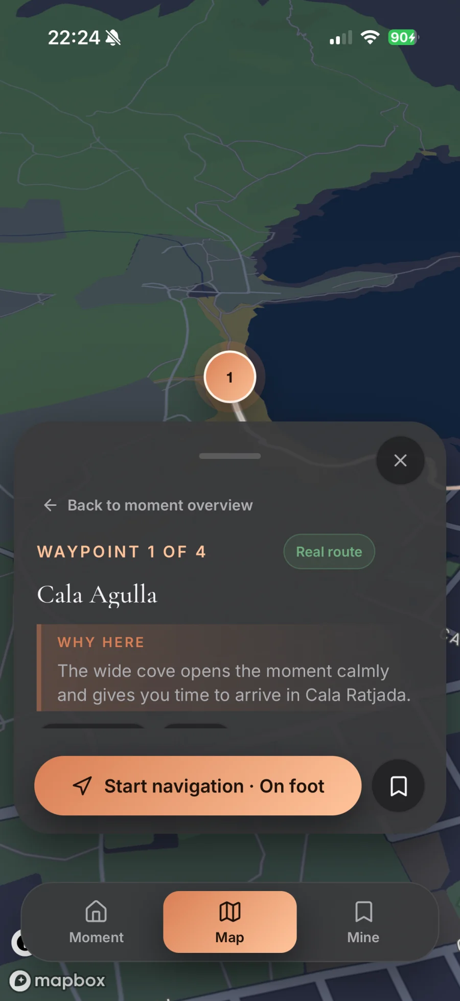 Real Viaora product capture with a map, route stops and a navigation action