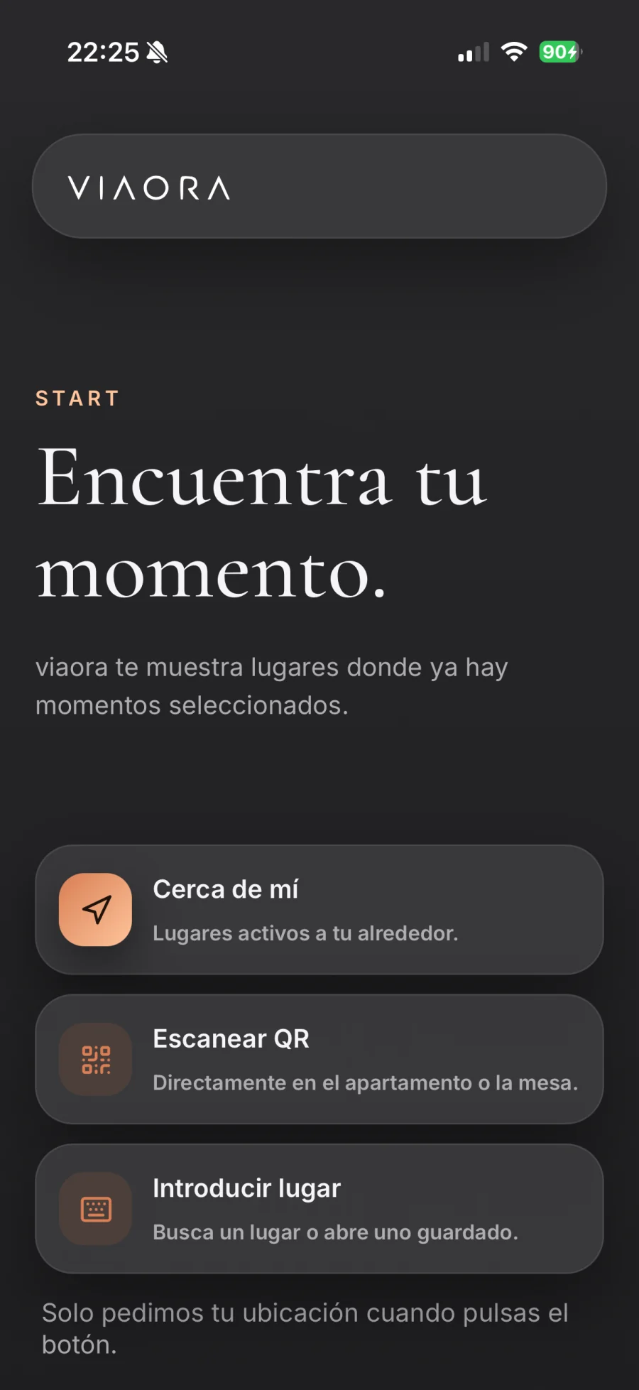 Captura real y localizada del producto Viaora: Elegir el lugar.